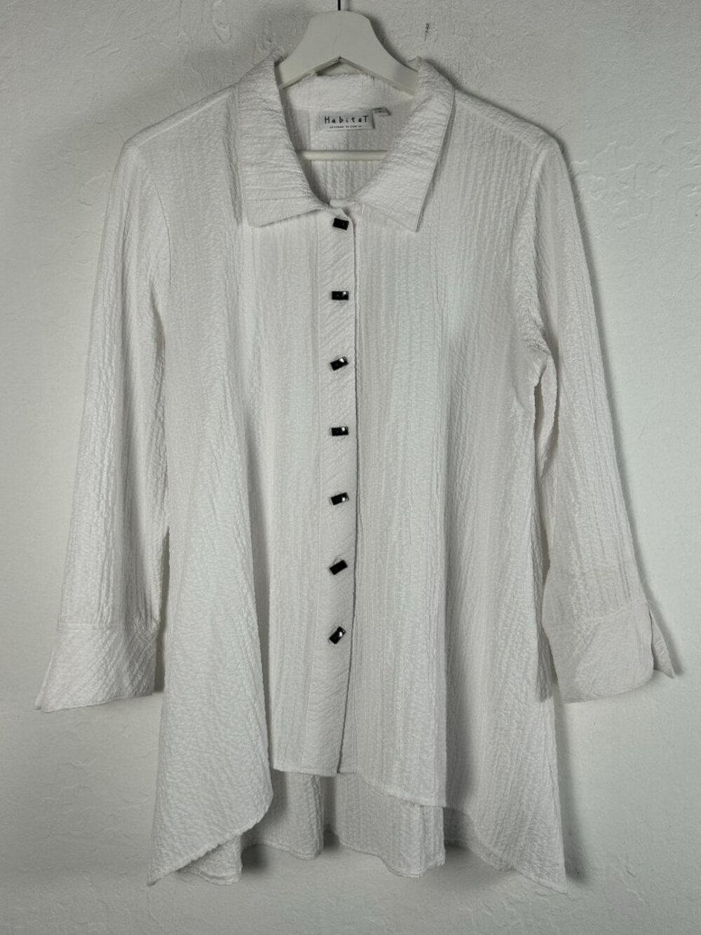 Habitat Womens White Crinkle Button Front Tunic Shirt Size Small Art to Wear Top